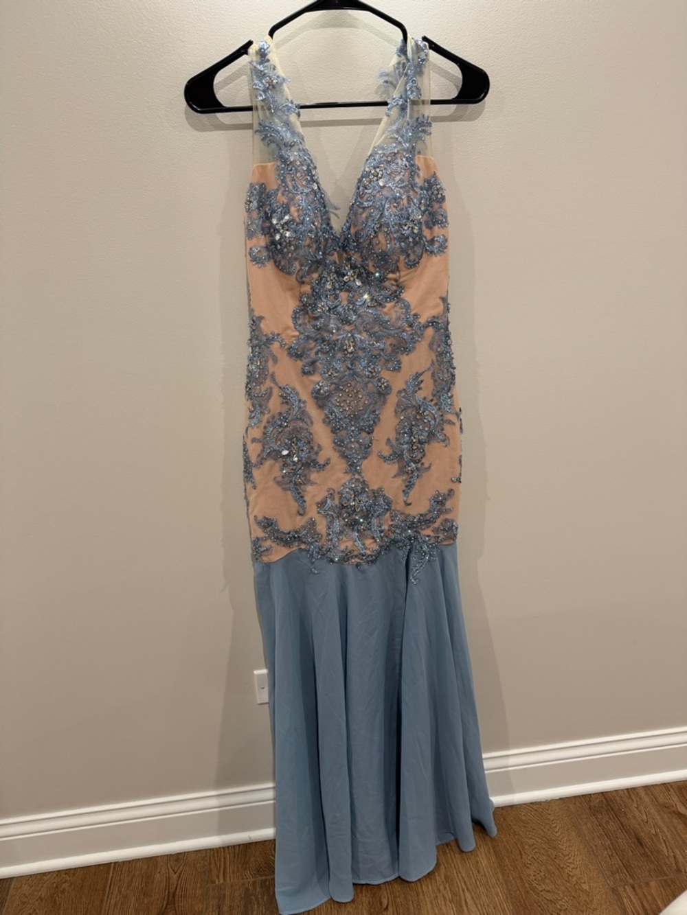 Portia and Scarlett Light Blue and Nude Beaded Prom Gown